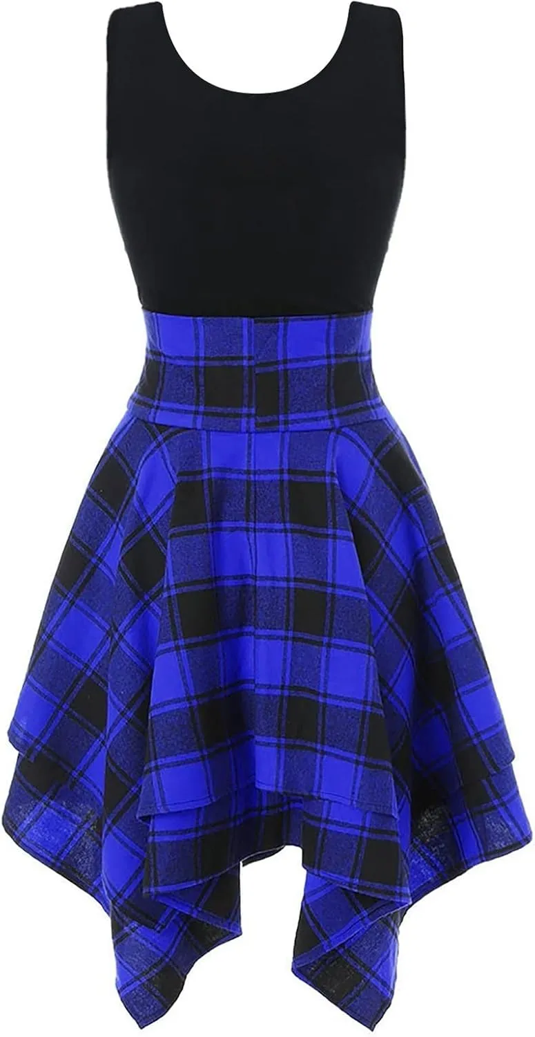 Women's Spring Dresses 2024 Fashion Sleeveless Cold Shoulder Cross Up Plaid Print Irregular Dress, S-2Xl