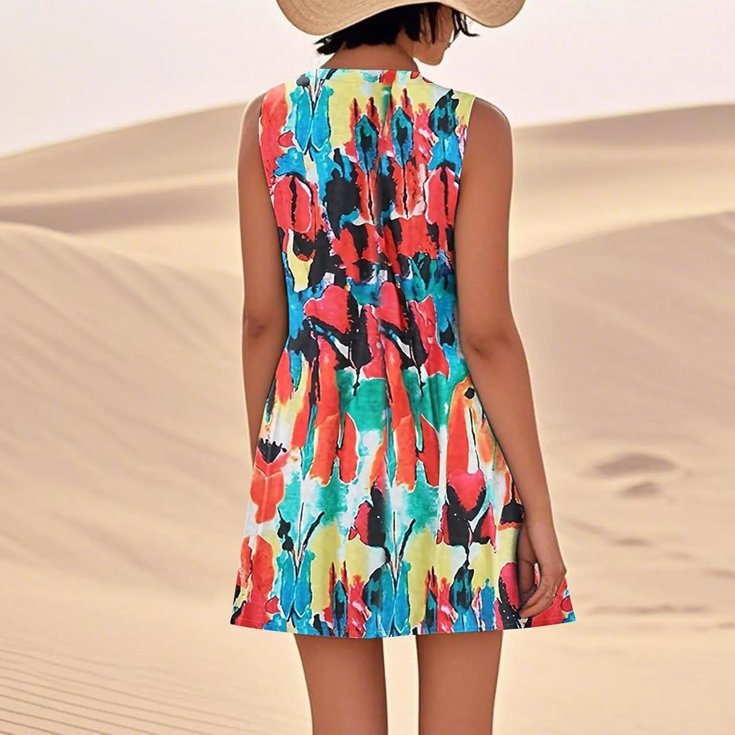 Women's Summer Cotton Linen Midi Dress Sleeveless Boho Beach Tank Dresses Plus Size Loose Comfy Dress with Pockets