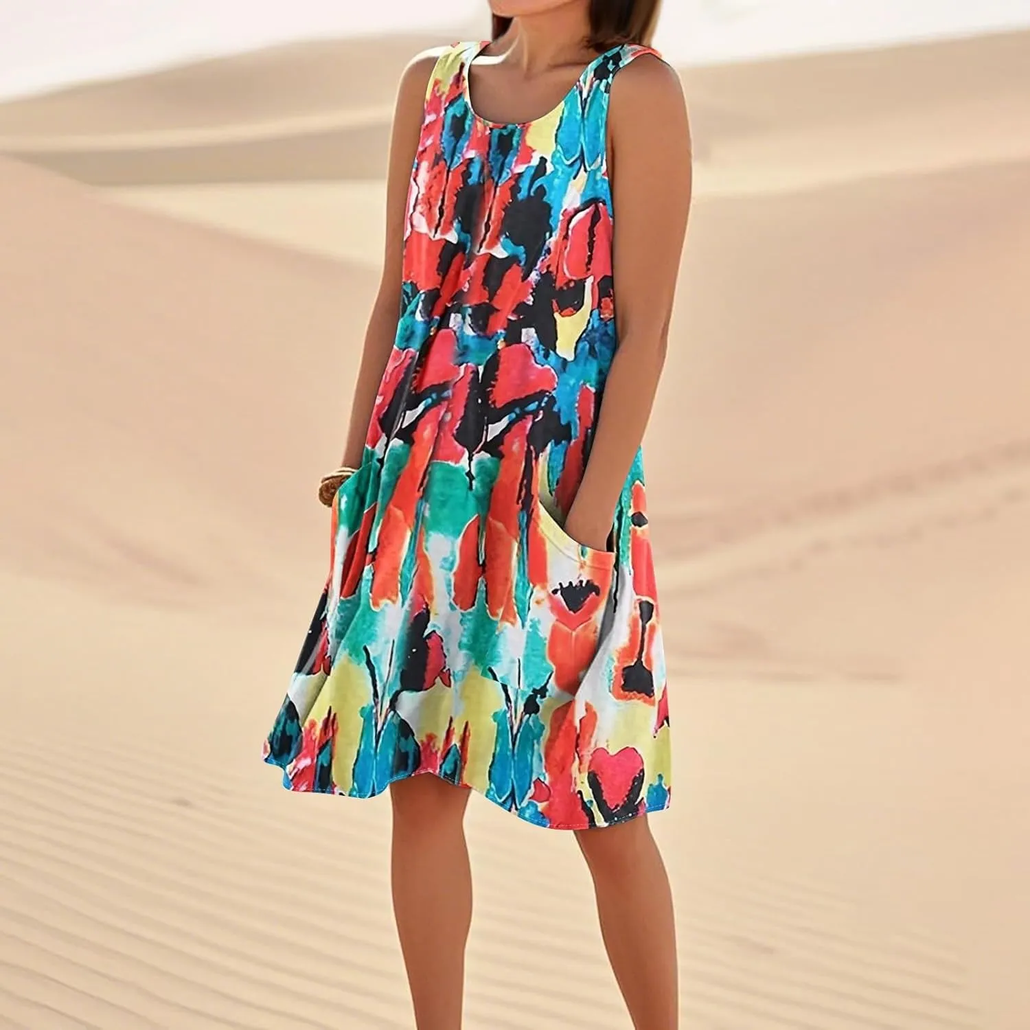 Women's Summer Cotton Linen Midi Dress Sleeveless Boho Beach Tank Dresses Plus Size Loose Comfy Dress with Pockets