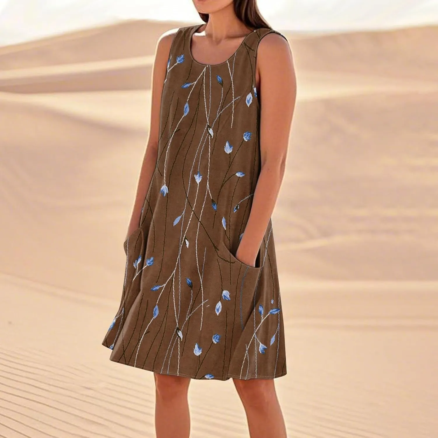 Women's Summer Cotton Linen Midi Dress Sleeveless Boho Beach Tank Dresses Plus Size Loose Comfy Dress with Pockets