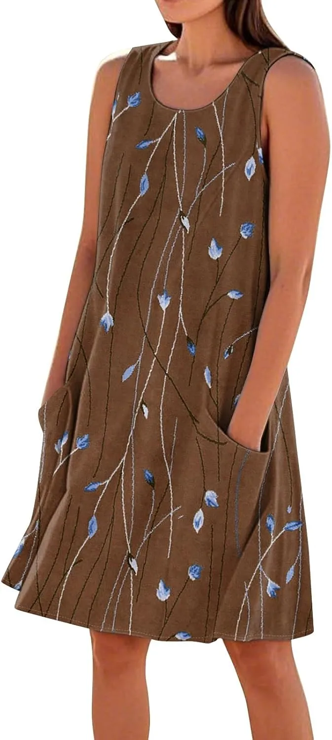 Women's Summer Cotton Linen Midi Dress Sleeveless Boho Beach Tank Dresses Plus Size Loose Comfy Dress with Pockets