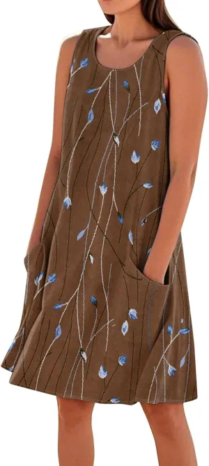 Women's Summer Cotton Linen Midi Dress Sleeveless Boho Beach Tank Dresses Plus Size Loose Comfy Dress with Pockets