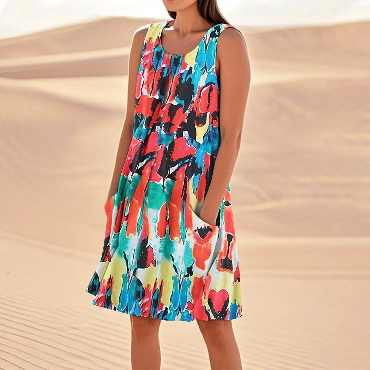 Women's Summer Cotton Linen Midi Dress Sleeveless Boho Beach Tank Dresses Plus Size Loose Comfy Dress with Pockets