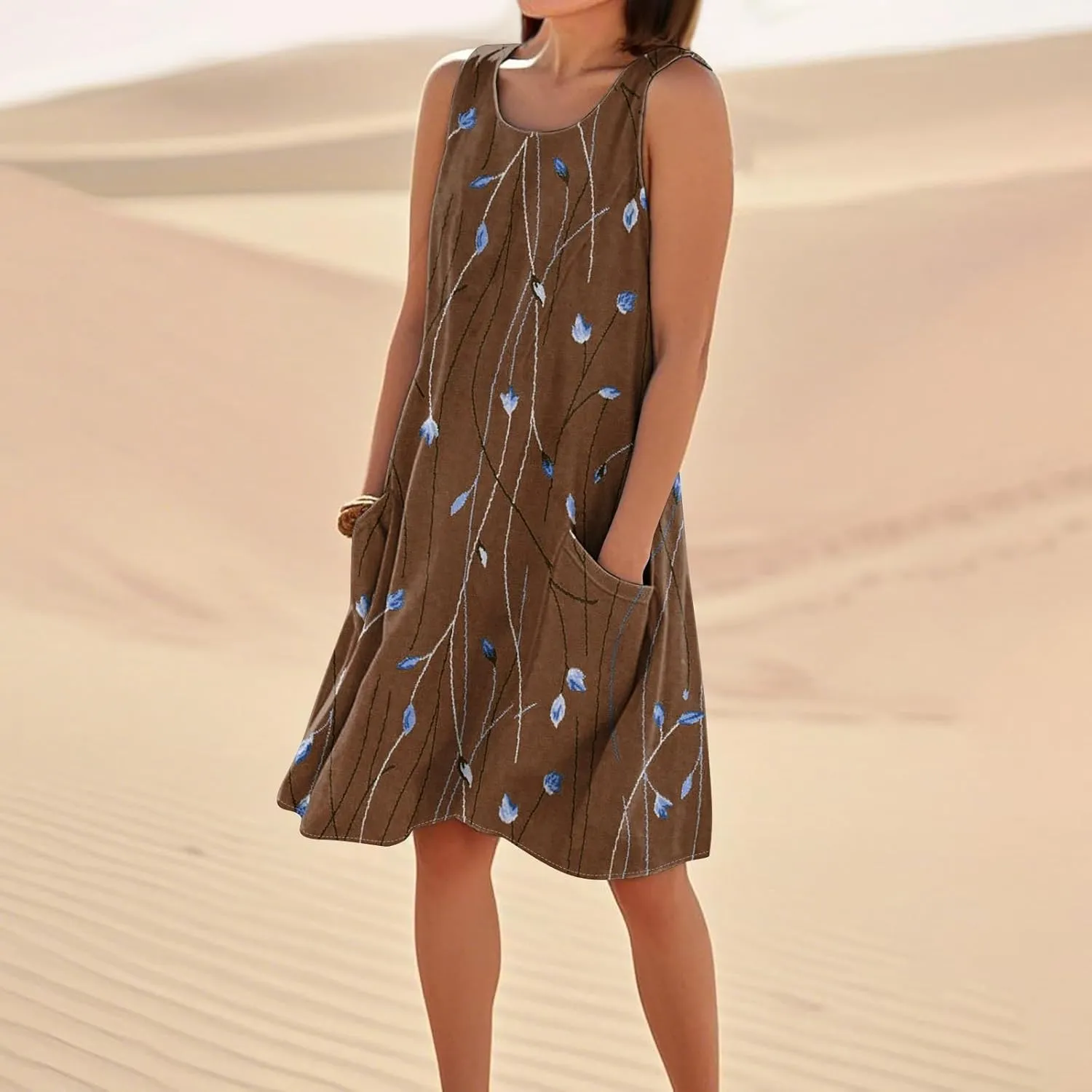 Women's Summer Cotton Linen Midi Dress Sleeveless Boho Beach Tank Dresses Plus Size Loose Comfy Dress with Pockets